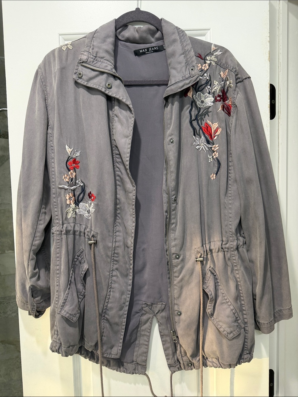 Max Jeans Gray Embroidered Utility Jacket with Floral Accents